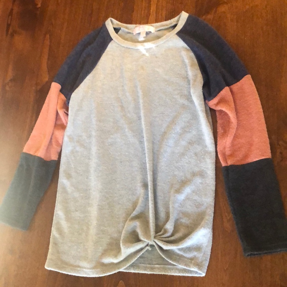 Girls sweater. Grey with striped sleeves. Size L